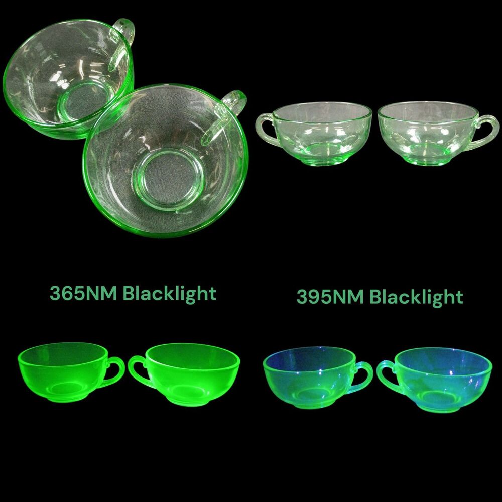 Pair Of 2 Fostoria Green Uranium Glass Teacup Water/Coffee Cups Vintage 1930s